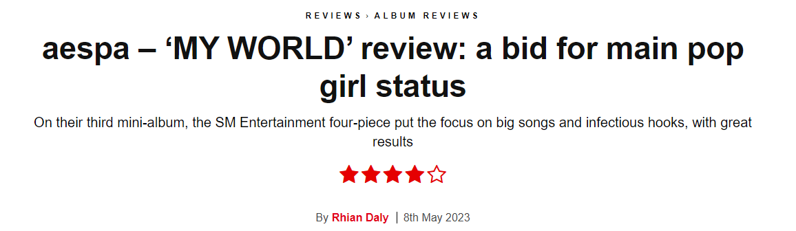 aespa cũng xuất sắc nhận về 4/5 sao trên trang phê bình âm nhạc NME cho My World. aespa cũng xuất sắc nhận về 4/5 sao trên trang phê bình âm nhạc NME cho My World.