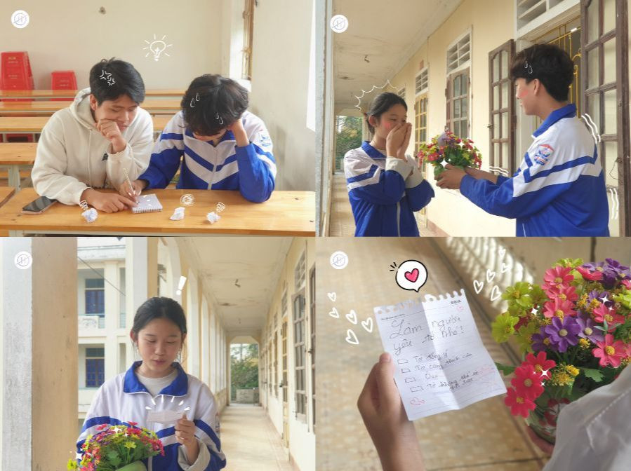 Thư tình trao tay cô bạn "crush" cùng lọ hoa (như lấy từ... bàn giáo viên). Thư tình trao tay cô bạn "crush" cùng lọ hoa (như lấy từ... bàn giáo viên).