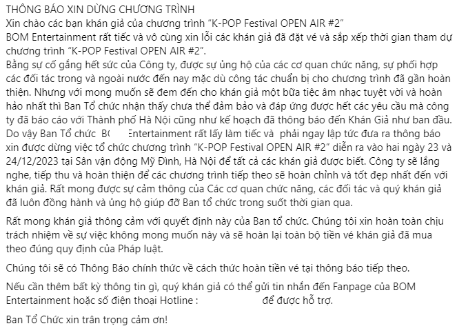 Thông báo hủy show chính thức từ BTC được đăng tải vào chiều ngày 22/12, ngay trước 1 ngày dự kiến diễn ra lễ hội âm nhạc. Thông báo hủy show chính thức từ BTC được đăng tải vào chiều ngày 22/12, ngay trước 1 ngày dự kiến diễn ra lễ hội âm nhạc.