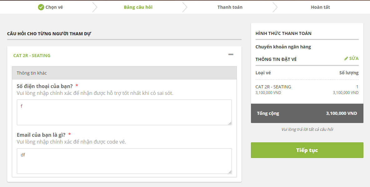Ở phần "bảng câu hỏi", dù điền thông tin ngẫu nhiên, không đúng theo định dạng, bạn vẫn có thể chuyển qua bước thanh toán.