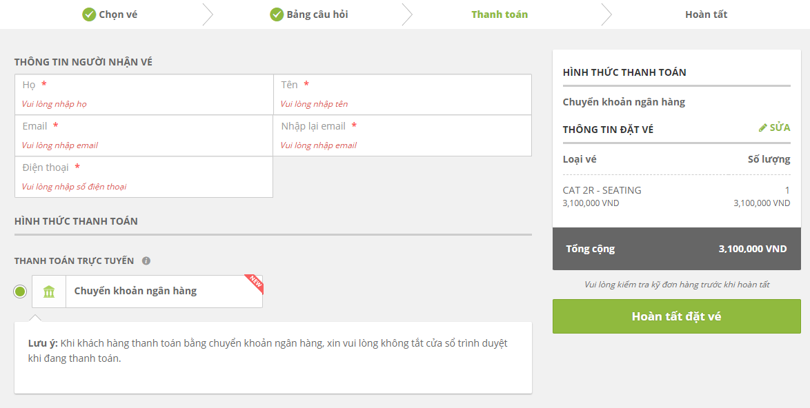 Có duy nhất một hình thức "chuyển khoản ngân hàng" để thanh toán - phương thức hoàn toàn không có ở trang chính thức.