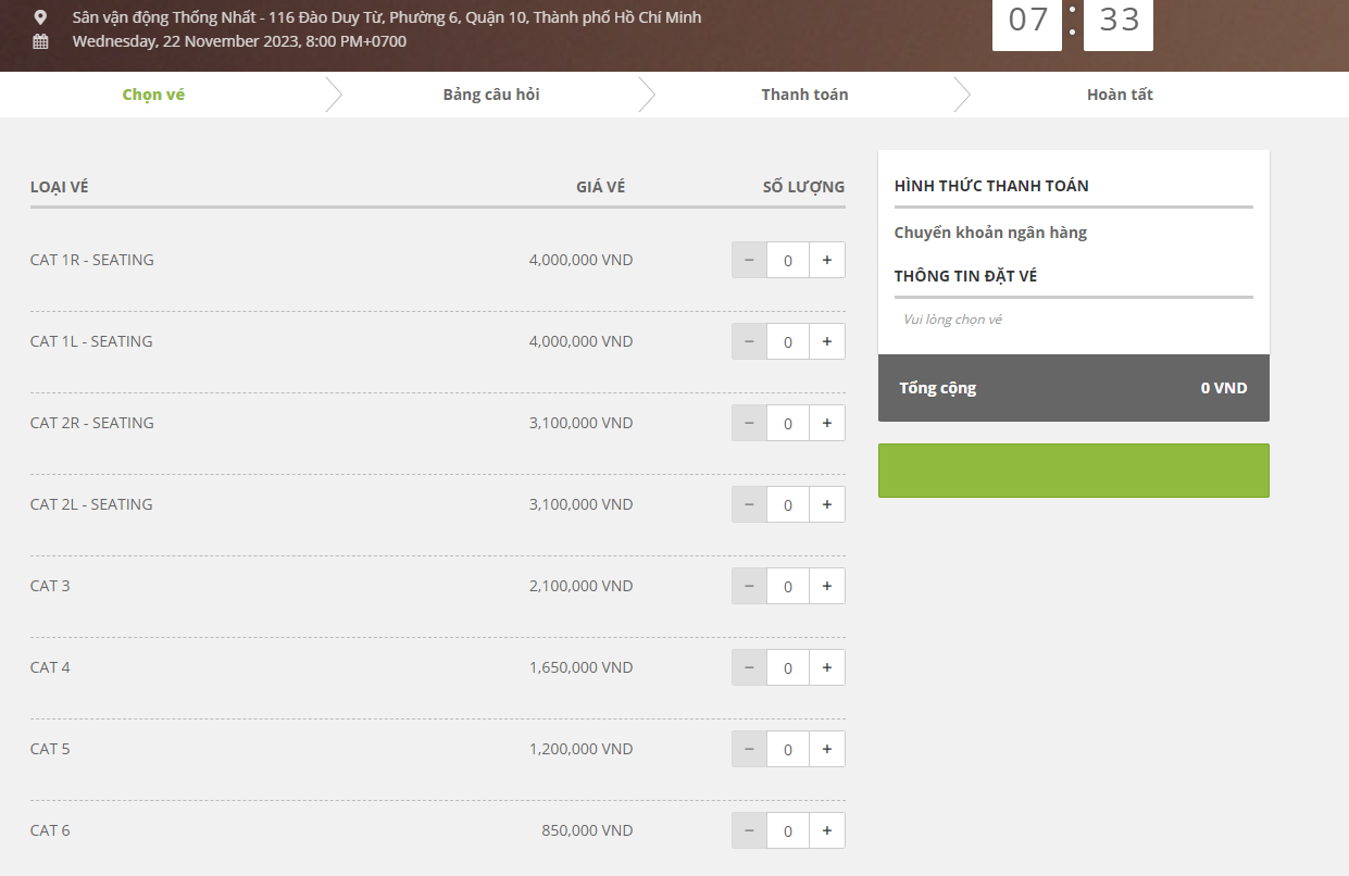 Mọi hạng vé đều còn ở website giả, trong khi ở trang chính thức vé đã bán hết từ lâu.