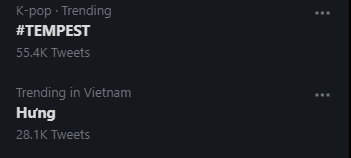 Hiện tại, các từ khóa và hashtag như TEMPEST, Hưng, Hanbin đều đang đang dẫn đầu Top thịnh hành tại Việt Nam, cho thấy sự mong ngóng cũng như háo hức dành cho màn ra mắt của Hanbin. Hiện tại, các từ khóa và hashtag như TEMPEST, Hưng, Hanbin đều đang đang dẫn đầu Top thịnh hành tại Việt Nam, cho thấy sự mong ngóng cũng như háo hức dành cho màn ra mắt của Hanbin.