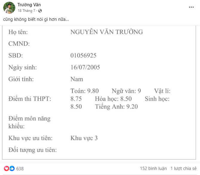 Bảng điểm xứng danh học bá của Nguyễn Văn Trường. - Ảnh: FBNV
