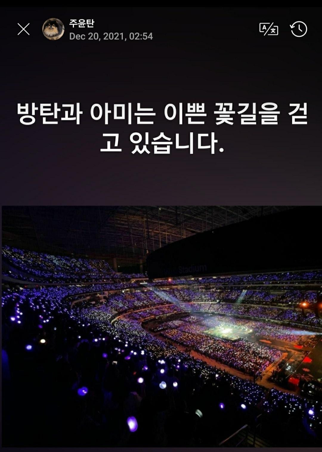 "BTS và ARMY sẽ đi trên con đường trải đầy hoa thôi nhé." - Nội dung story của V