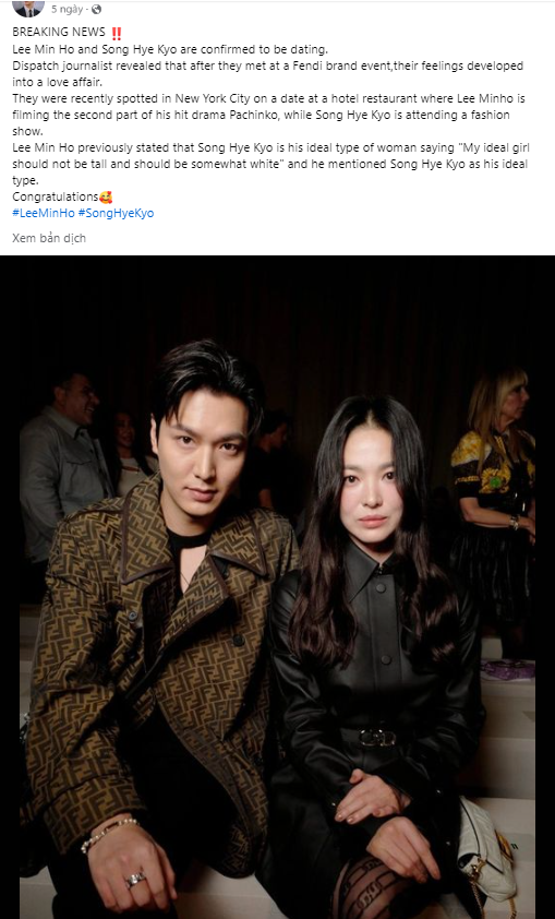 Bài đăng khiến tin Lee Min Ho và Song Hye Kyo xác nhận hẹn hò bùng nổ mạng xã hội.