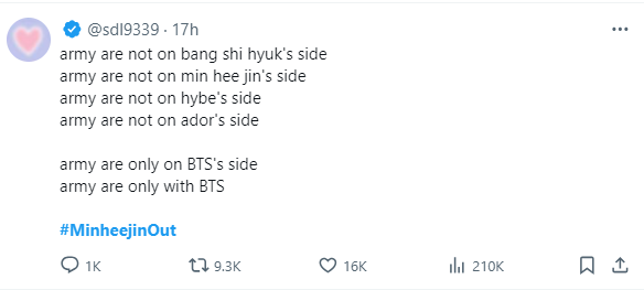 Tới ngày 17/9, hashtag #MinHeeJinOut không chỉ được sử dụng bởi ARMY mà còn có sự gia nhập của nhiều fandom khác của nghệ sĩ trực thuộc công ty dưới trướng HYBE.