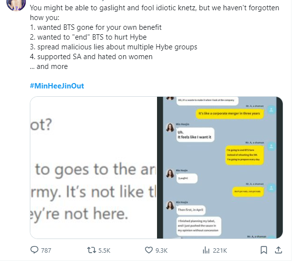 Tới ngày 17/9, hashtag #MinHeeJinOut không chỉ được sử dụng bởi ARMY mà còn có sự gia nhập của nhiều fandom khác của nghệ sĩ trực thuộc công ty dưới trướng HYBE.