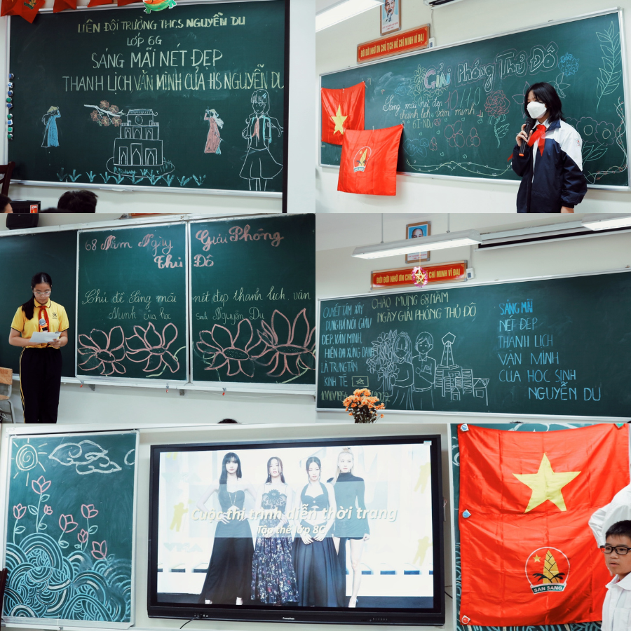 Những tấm bảng được các bạn học sinh vẽ tay, tạo thành những backdrop trang trí sinh động, mang cá tính riêng của mỗi lớp học trong cuộc thi.