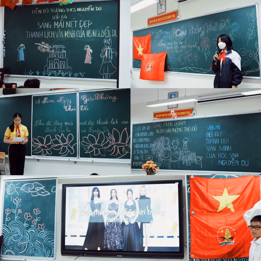 Những tấm bảng được các bạn học sinh vẽ tay, tạo thành những backdrop trang trí sinh động, mang cá tính riêng của mỗi lớp học trong cuộc thi.