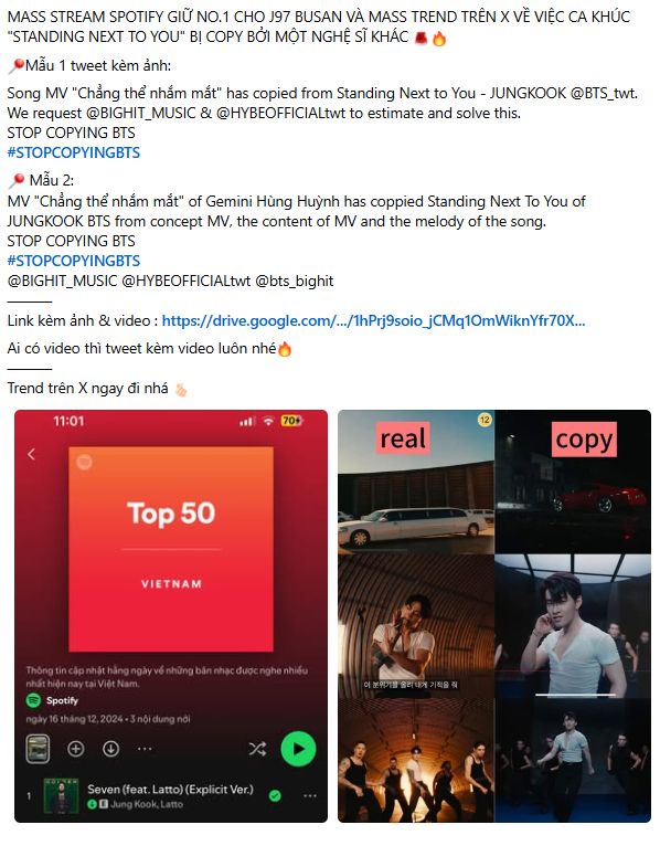 Các fanpage, blog của BTS đưa ra mẫu tweet, kèm ảnh và clip để cộng đồng fan cùng nhau "đẩy trend" trên X để các fan quốc tế biết chuyện và sự việc có thể dễ dàng được BigHit Music - HYBE chú ý. Các fanpage, blog của BTS đưa ra mẫu tweet, kèm ảnh và clip để cộng đồng fan cùng nhau "đẩy trend" trên X để các fan quốc tế biết chuyện và sự việc có thể dễ dàng được BigHit Music - HYBE chú ý.