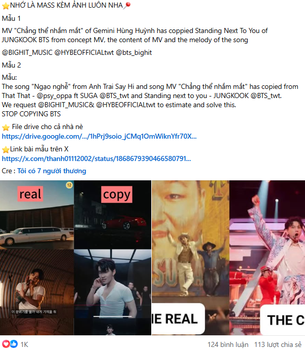 Các fanpage, blog của BTS đưa ra mẫu tweet, kèm ảnh và clip để cộng đồng fan cùng nhau "đẩy trend" trên X để các fan quốc tế biết chuyện và sự việc có thể dễ dàng được BigHit Music - HYBE chú ý. Các fanpage, blog của BTS đưa ra mẫu tweet, kèm ảnh và clip để cộng đồng fan cùng nhau "đẩy trend" trên X để các fan quốc tế biết chuyện và sự việc có thể dễ dàng được BigHit Music - HYBE chú ý.