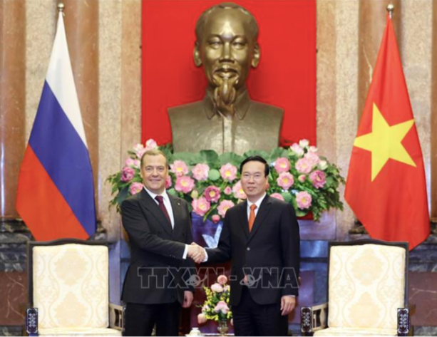 Chủ tịch nước Võ Văn Thưởng tiếp Chủ tịch Đảng Nước Nga Thống nhất Dmitry Medvedev ngày 22/5. (Ảnh: TTXVN) Chủ tịch nước Võ Văn Thưởng tiếp Chủ tịch Đảng Nước Nga Thống nhất Dmitry Medvedev ngày 22/5. (Ảnh: TTXVN)