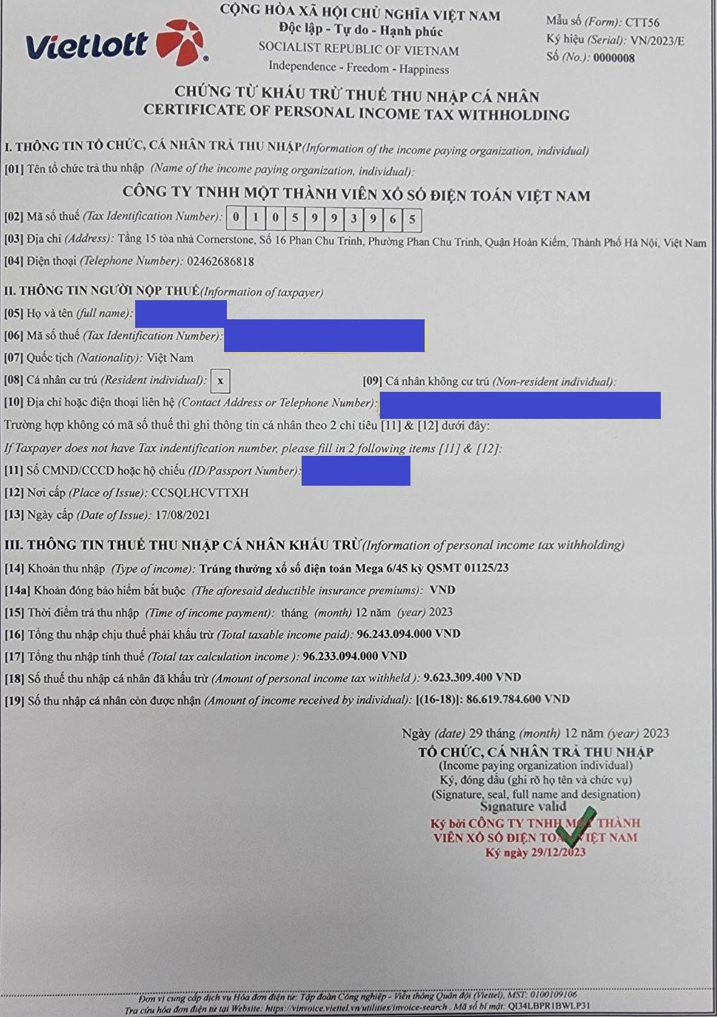 Ông D nộp thuế thu nhập cá nhân 10% tổng giá trị giải thưởng.