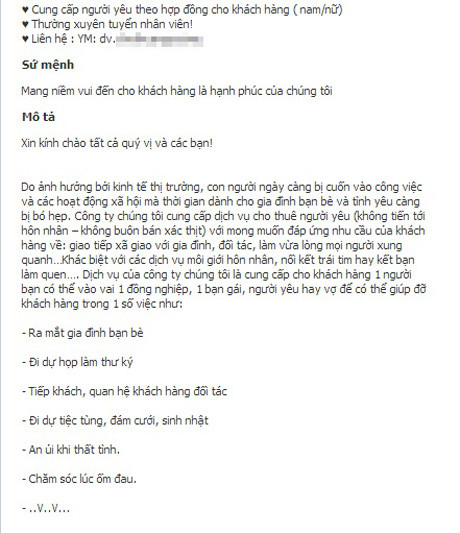 Tuyên bố hùng hồn của admin về việc cung cấp dịch vụ cho thuê người yêu