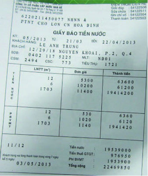 Hóa đơn nước “khủng” của khách hàng Lê Anh Trung (trú tại 12/29/18 Nguyễn Khoái, phường 2, quận 4, TP.HCM).