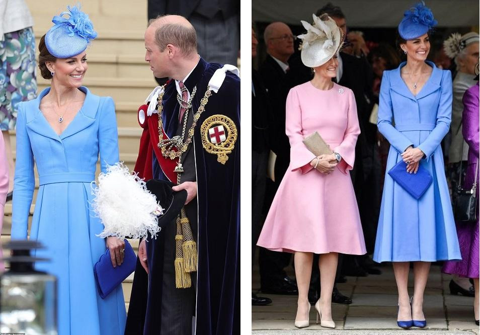 Hôm thứ Hai (13/6), trong Ngày Garter - tôn vinh các hiệp sĩ có phẩm cấp cao nhất ở Anh, Order of the Garter, Công nương Kate diện váy dáng áo choàng (coat dress) màu xanh dương, kết hợp với mũ, trang sức kim cương, túi cầm tay và giày đồng bộ. Trang phục của Công nương Kate không quá cầu kỳ, ngược lại kiểu dáng đơn giản, màu sắc trang nhã làm nổi bật vẻ thanh lịch, quyền quý và duyên dáng.