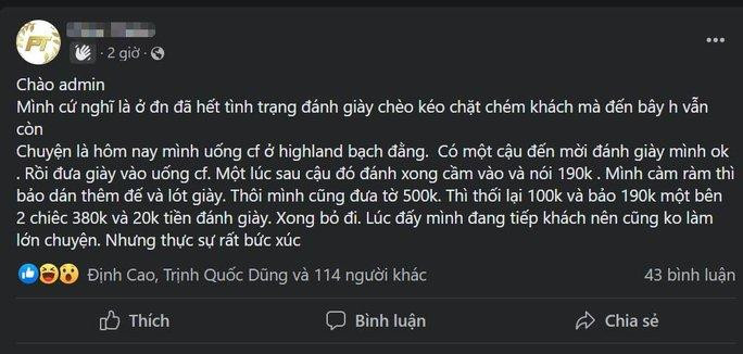 Phản ánh của anh L.P.L về việc bị "chặt chém" khi đánh giày Xác minh thông tin “chặt chém” 400.000 đồng cho 1 lần đánh giày - Ảnh 1.