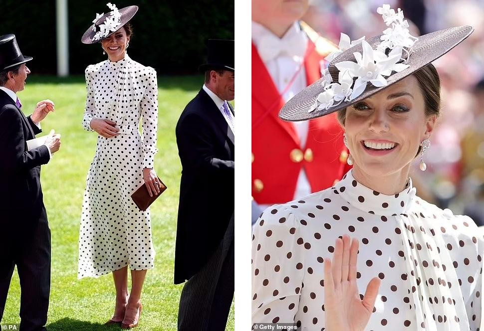 Nữ công tước xứ Cambridge đáp ứng được yêu cầu về trang phục. Bà mẹ ba con mặc váy trắng chấm bi đen dài tay và đội mũ nâu rộng vành đính hoa trắng kết hợp với giày cao gót mũi nhọn nâu, ví cầm tay đồng bộ và bông tai ngọc trang. Được biết, chiếc váy có giá 1.970 bảng Anh (gần 56 triệu đồng).