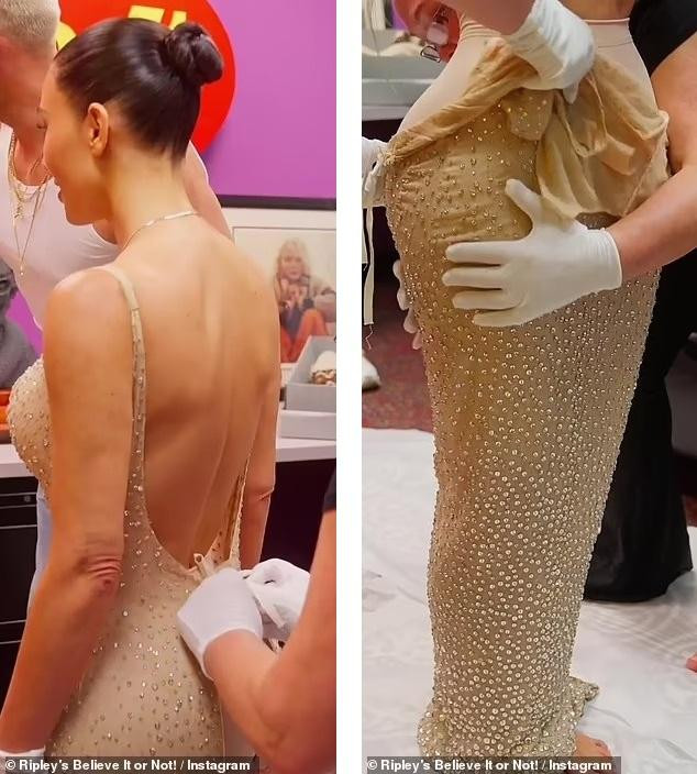 Kim từng thừa nhận phải giảm hơn 7kg trong 3 tuần để mặc chiếc váy mà vẫn không thể kéo hết khóa. Cuối cùng, cô phải khoác thêm khăn choàng lông để che sau lưng.