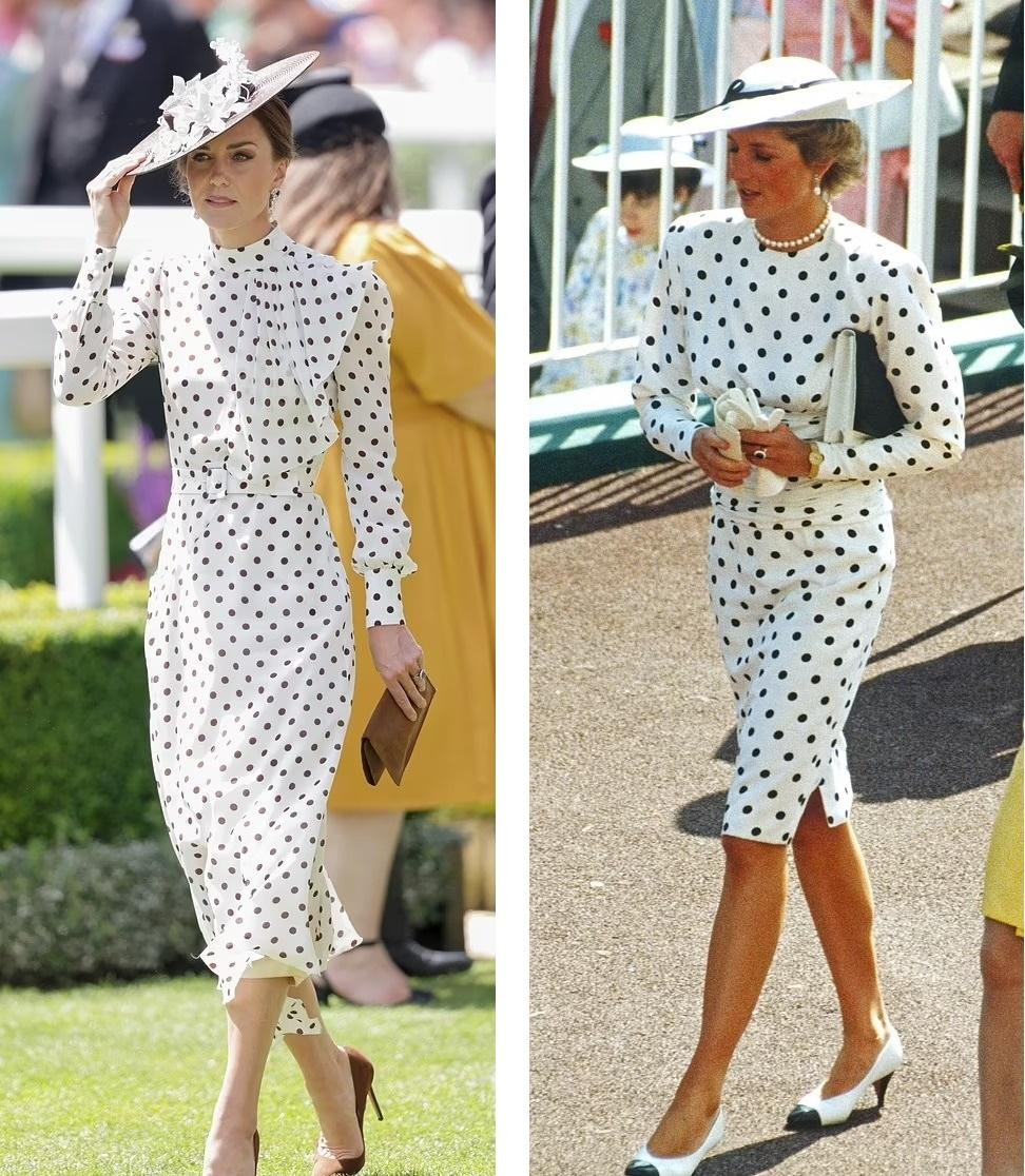 Một điều thú vị hơn, diện mạo mới của Công nương Kate được cho là lấy cảm hứng từ mẹ chồng quá cố - Công nương Diana từng mặc trong lễ hội đua ngựa Royal Ascot vào tháng 6/1988. Đáng nói, đôi bông tai mà vợ của Hoàng tử William đeo chính là đôi bông tai được Công nương Diana đeo cách đây 34 năm, được làm từ kim cương và ngọc trai.