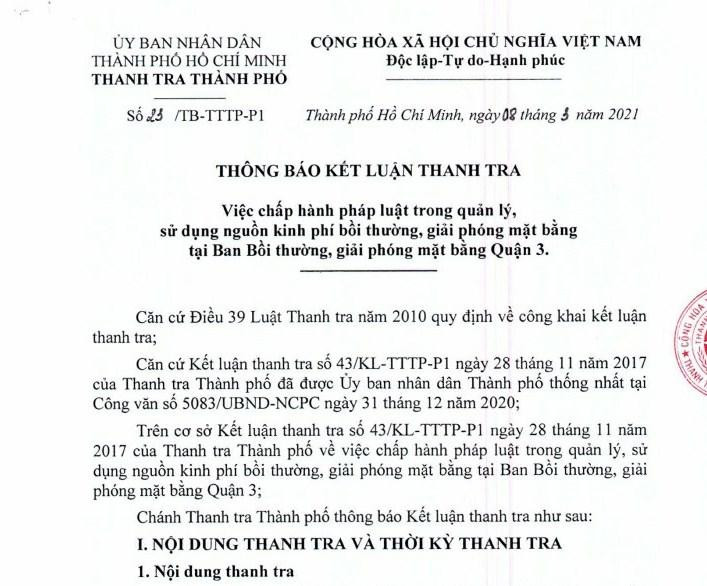 Kết luận thanh tra chỉ ra hàng loạt vi phạm tại Ban Bồi thường giải phóng mặt bằng quận 3