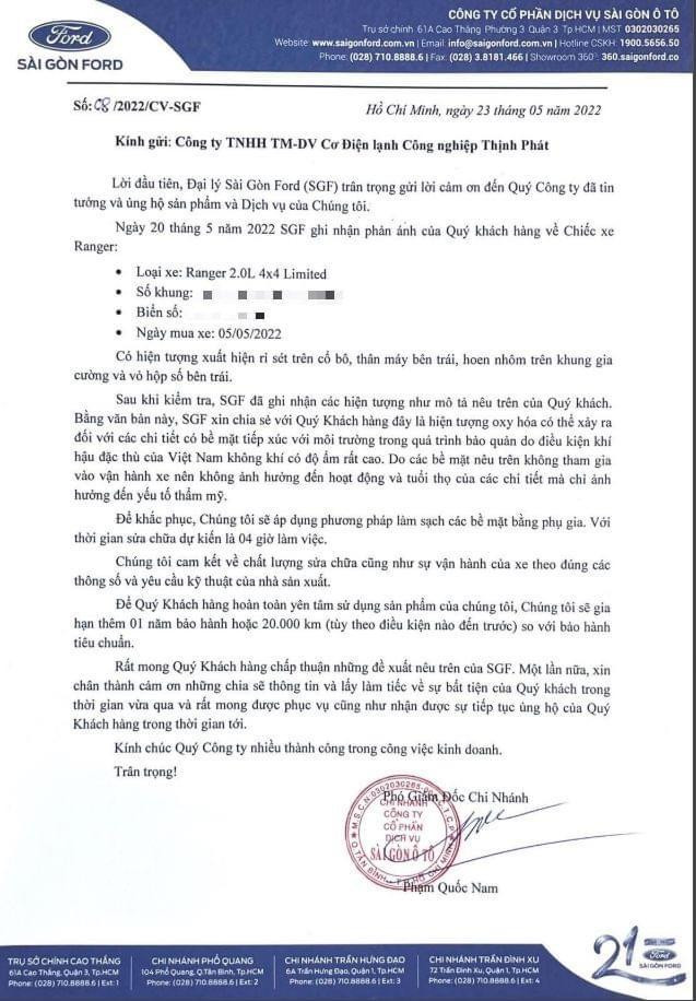 Sài Gòn Ford ra văn bản báo cáo lỗi của xe, giải thích hiện tượng này và đưa ra hướng giải quyết dù chưa có một cuộc thử nghiệm chuyên sâu nào. Sài Gòn Ford ra văn bản báo cáo lỗi của xe, giải thích hiện tượng này và đưa ra hướng giải quyết dù chưa có một cuộc thử nghiệm chuyên sâu nào.