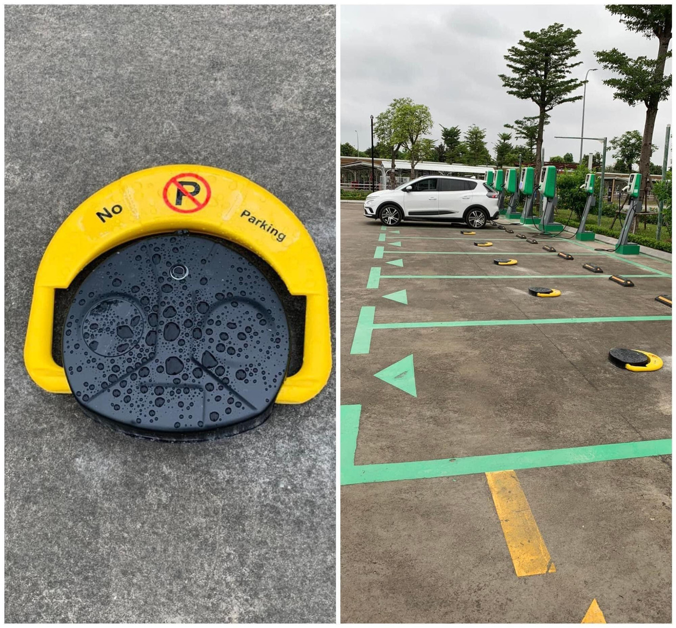 Vinfast chuẩn bị hoạt động các thiết bị chống dừng, đỗ xe tại các trụ sạc. Ảnh: Thạch Dương.