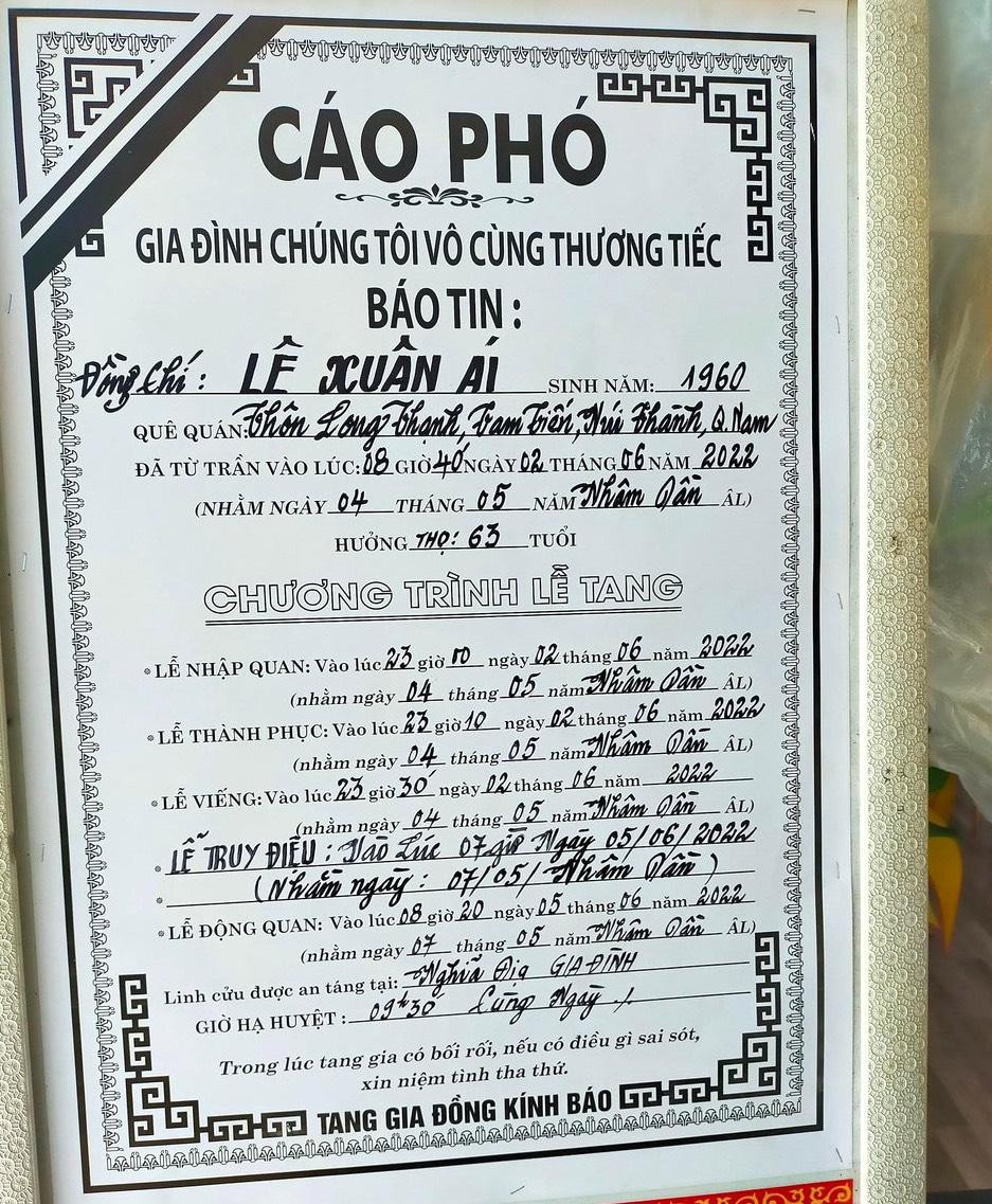 Chương trình tang lễ tại quê nhà của ông Lê Xuân Ái.