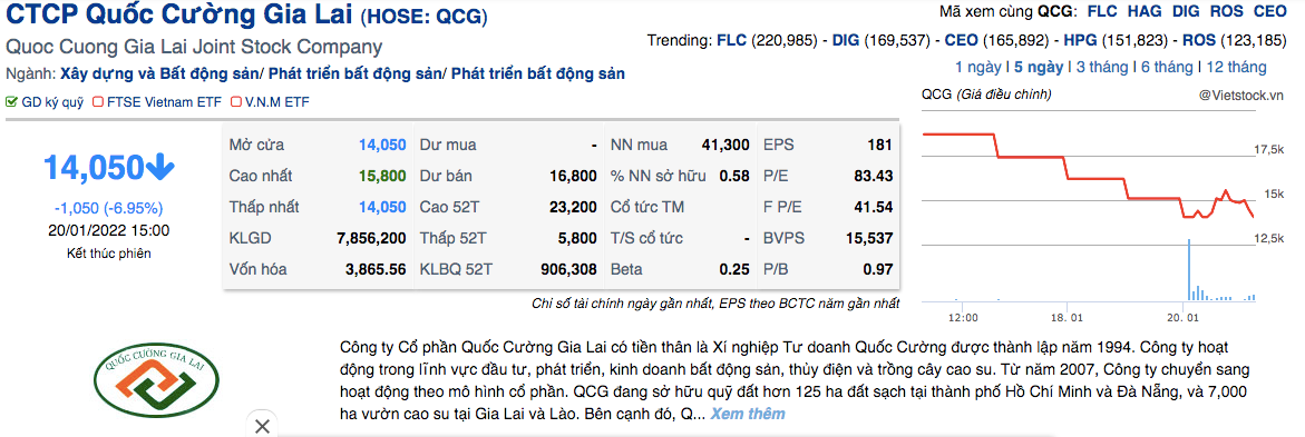 Cổ phiếu QCG tiếp tục giảm sàn.