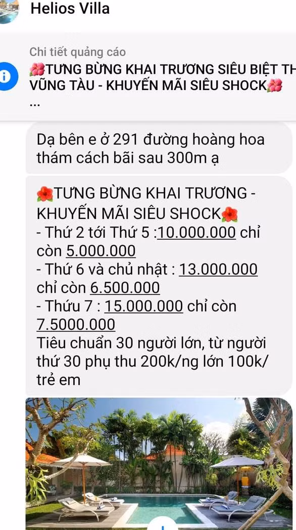 Quảng cáo của Helios Villa để chiêu dụ khách. Quảng cáo của Helios Villa để chiêu dụ khách.