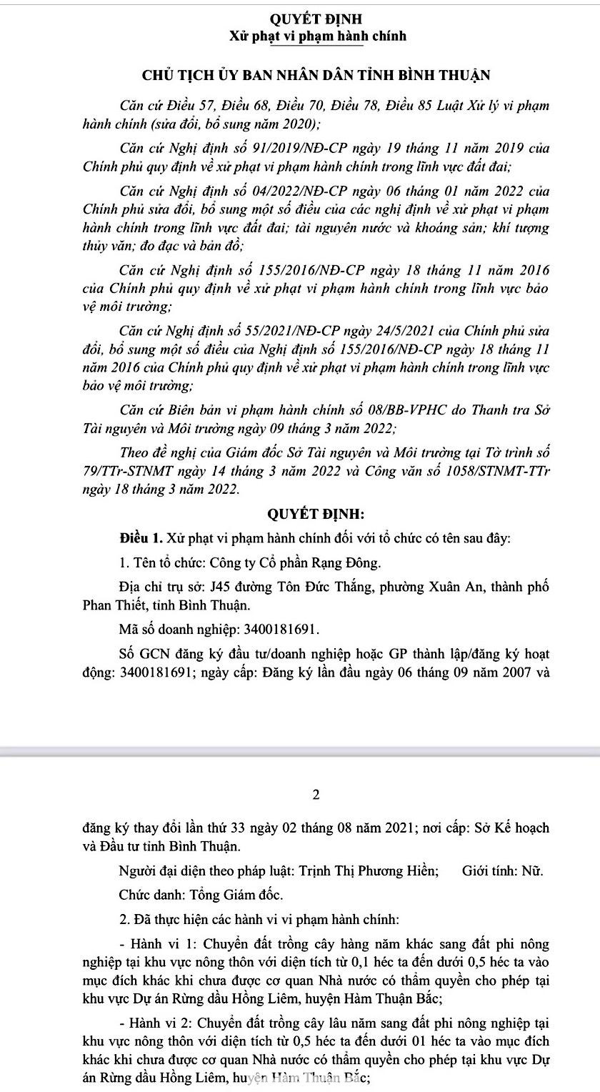 Quyết định xử phạt Công ty CP Rạng Đông của UBND tỉnh Bình Thuận. Quyết định xử phạt Công ty CP Rạng Đông của UBND tỉnh Bình Thuận.