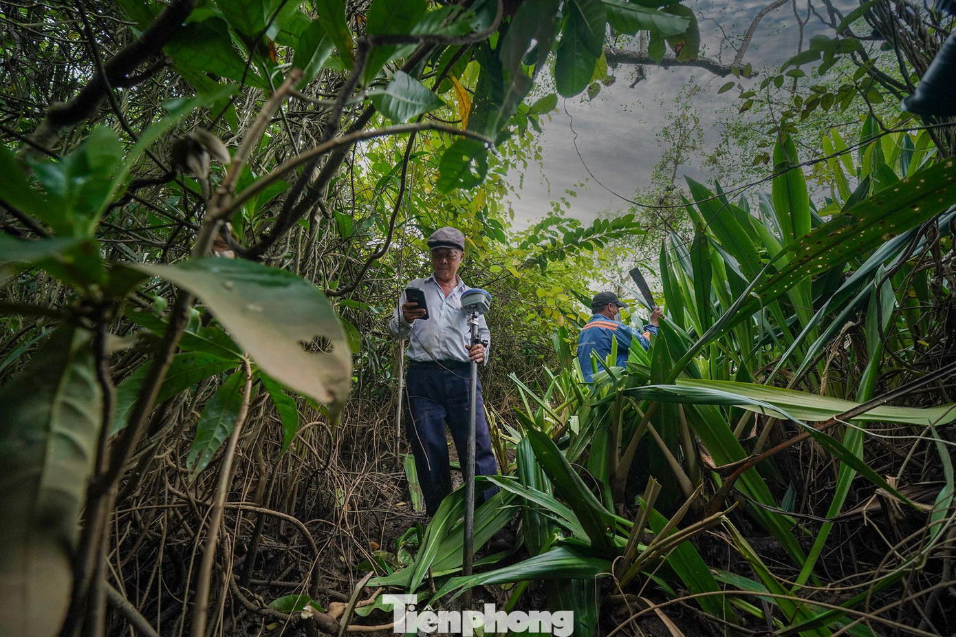 Ông Trần Huy Chiến đang dò tìm vị trí để cắm cọc ranh giải phóng mặt bằng.