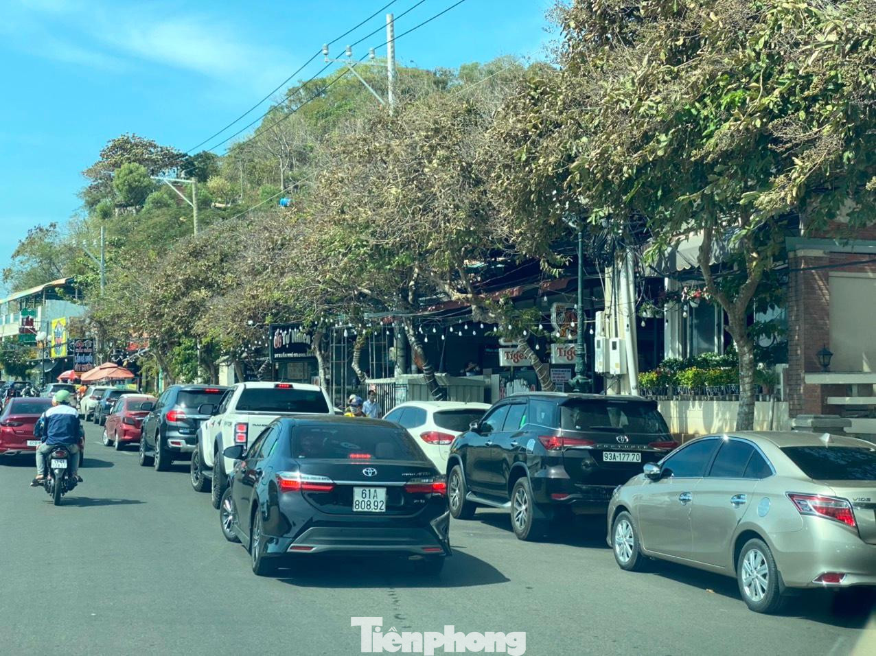 Xe ô tô đậu thành 2 hàng, kéo dài từ đường Thùy Vân đến Hạ Long.