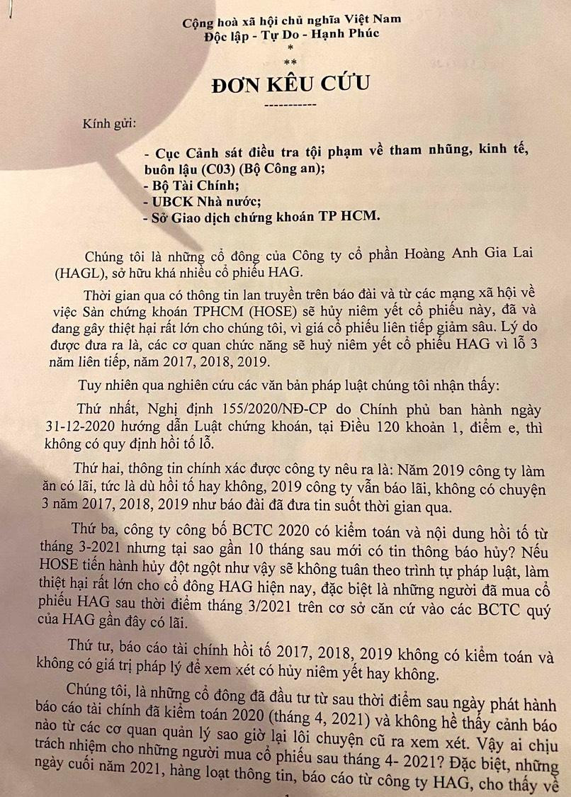 Đơn kêu cứu của nhóm cổ đông HAG.