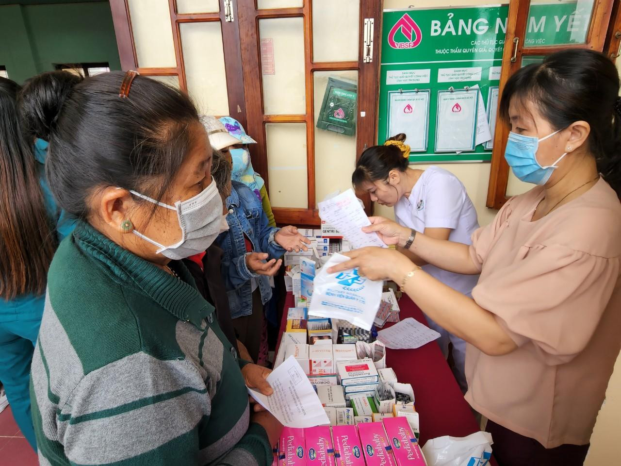 Y bác sĩ Bệnh viện Quân Y 175 cấp phát thuốc, hướng dẫn cho người dân sử dụng thuốc. Y bác sĩ Bệnh viện Quân Y 175 cấp phát thuốc, hướng dẫn cho người dân sử dụng thuốc.