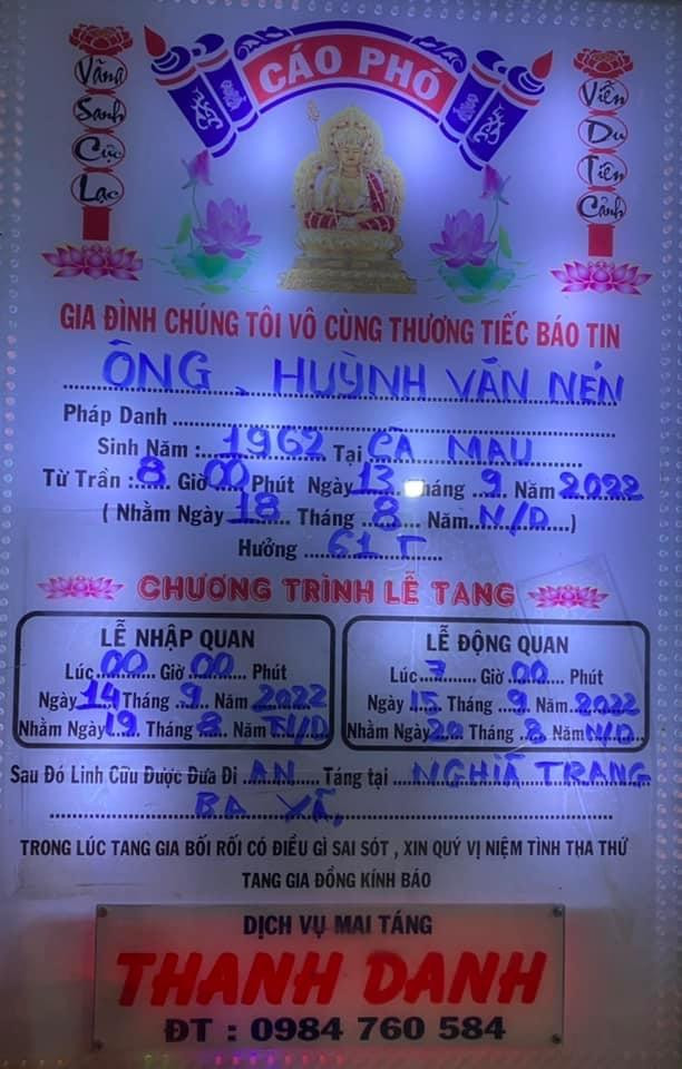 Thông tin tang lễ ông Nén.