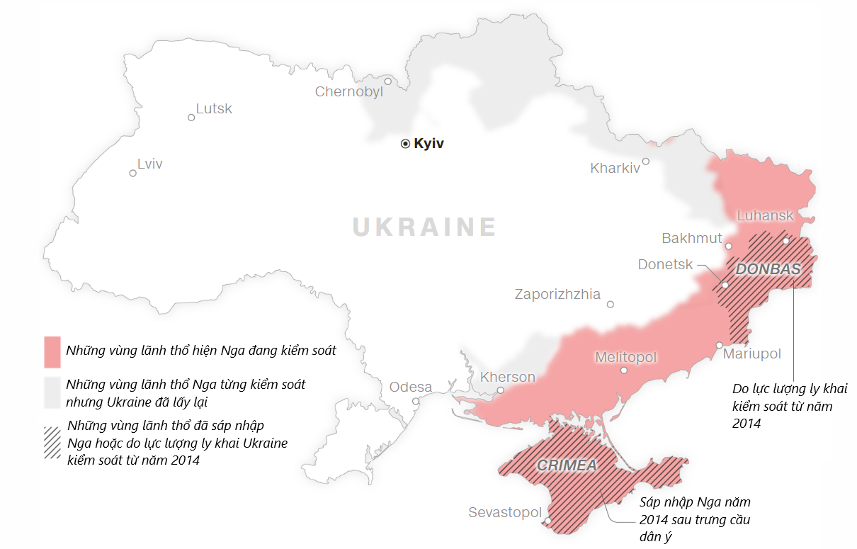 Bản đồ Ukraine trước năm 2014, bao gồm cả những khu vực sau này sáp nhập Nga. (Nguồn: CNN)