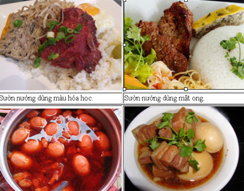 Sự khác biệt của thực phẩm khi dùng màu tự nhiên và phẩm màu nhân tạo. Ảnh: Nguyễn Anh Thư. Sự khác biệt của thực phẩm khi dùng màu tự nhiên và phẩm màu nhân tạo. Ảnh: Nguyễn Anh Thư