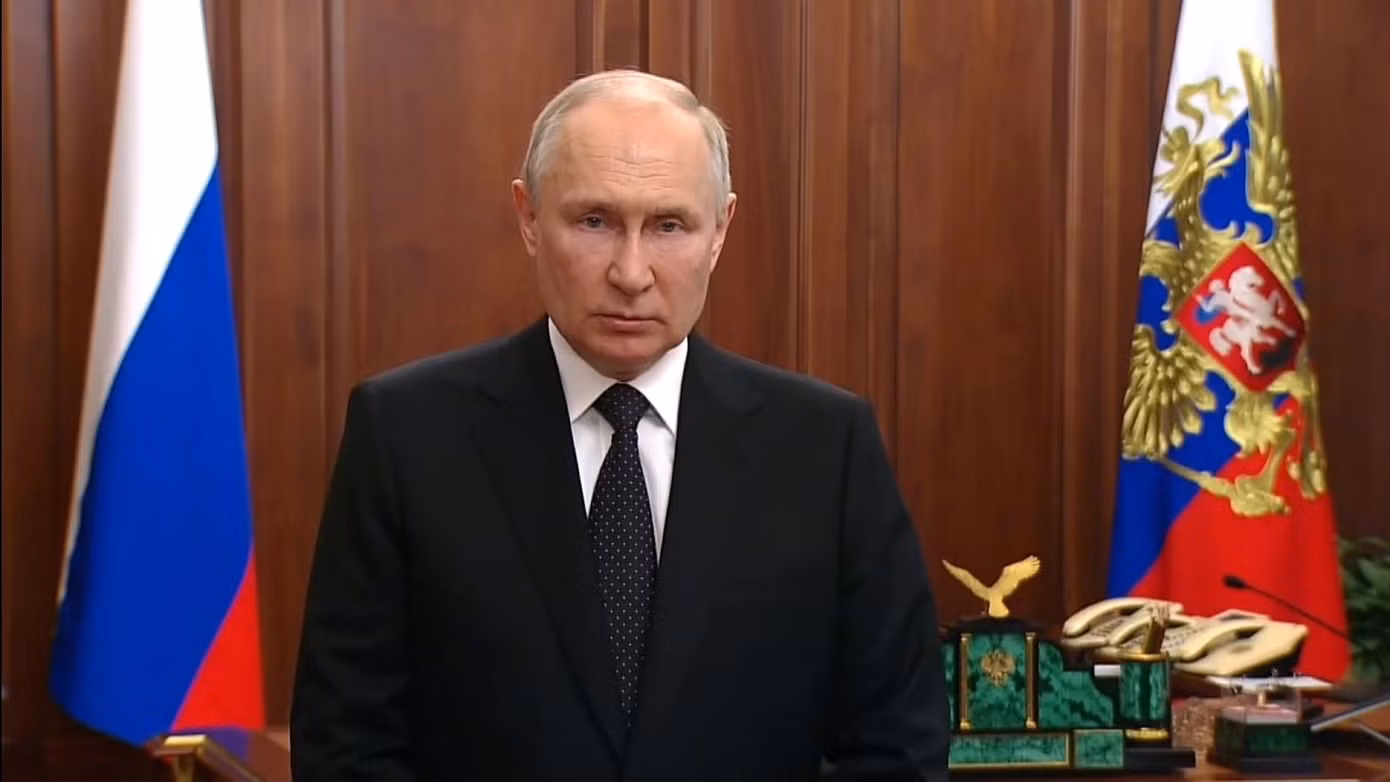 Tổng thống Nga Vladimir Putin có bài phát biểu trên truyền hình ở Mátxcơva ngày 24/6. (Ảnh: Reuters)