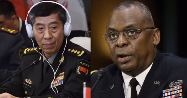 Bộ trưởng Quốc phòng Trung Quốc Lý Thượng Phúc (trái) và người đồng cấp Mỹ Lloyd Austin. Bộ trưởng Quốc phòng Trung Quốc Lý Thượng Phúc (trái) và người đồng cấp Mỹ Lloyd Austin.