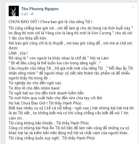 Thu Phương và Tuấn Hưng “choảng” nhau trên facebook ảnh 1