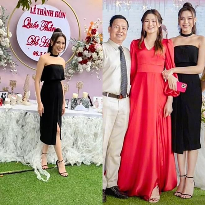 Mới đây khi xuất hiện trong đám cưới của chị gái, Hoa hậu Đỗ Thị Hà diện bộ váy đen xẻ tà khoe vai trần quyến rũ.