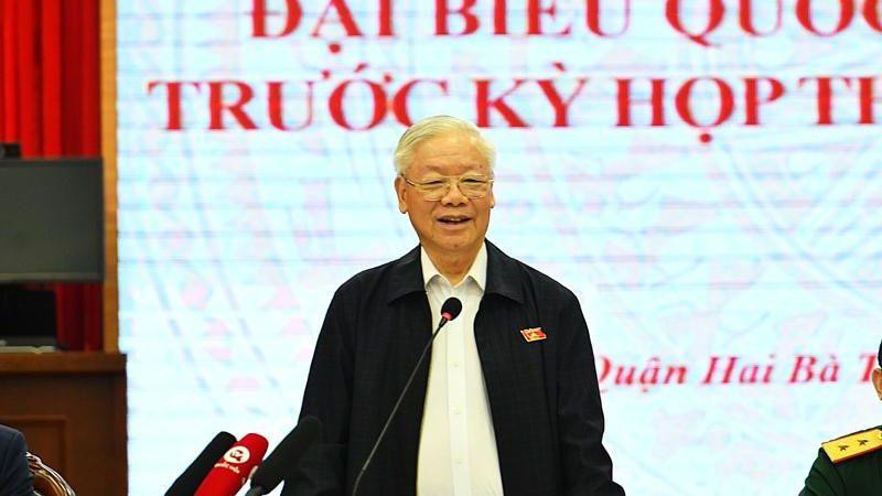 Tổng Bí thư Nguyễn Phú Trọng phát biểu tại buổi tiếp xúc cử tri. (Ảnh Viết Thành)