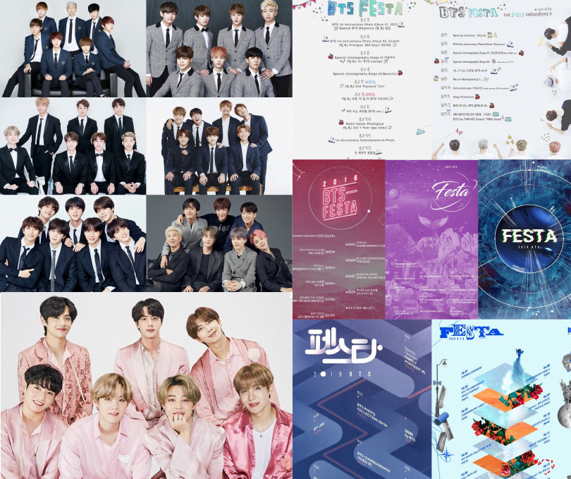 Poster FESTA và hình chụp gia đình qua các năm của BTS. Poster FESTA và hình chụp gia đình qua các năm của BTS.