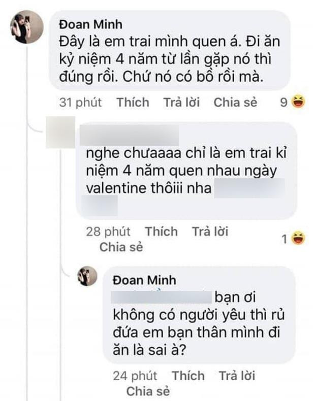Đoan Minh cũng đã trả lời rằng mình đi ăn kỷ niệm 4 năm quen nhau với cậu em thân thiết nhưng lại bị cộng đồng mạng cho rằng lời giải đáp nghe hơi "kỳ lạ".