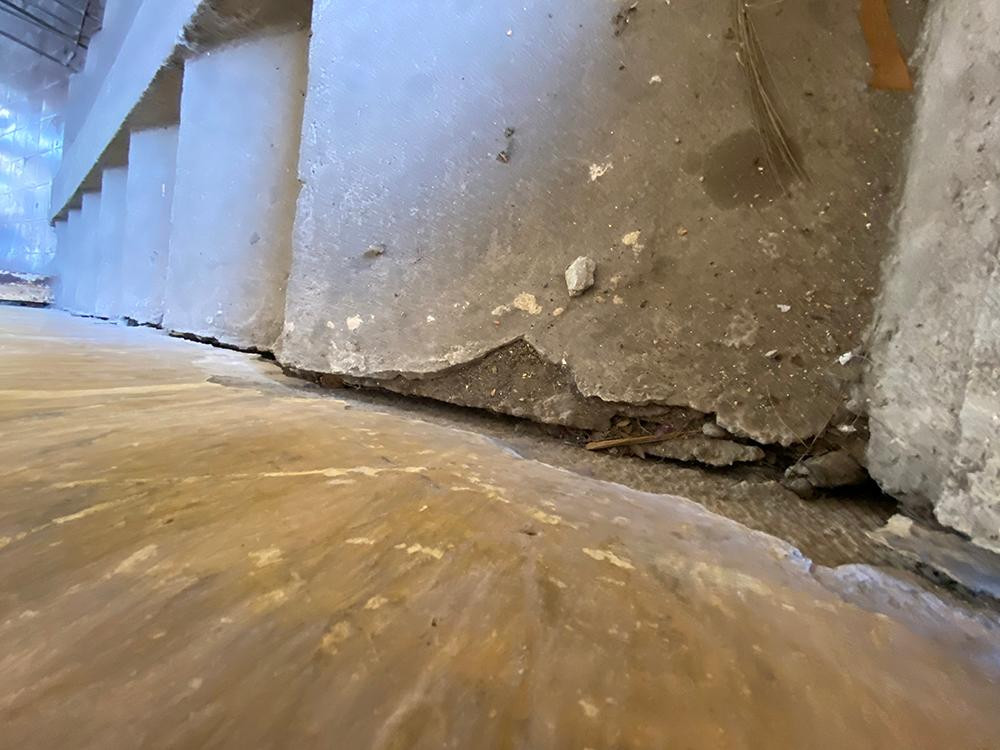 Vết nứt chạy dọc cầu thang chung cư cũ, tiềm ẩn nhiều nguy hiểm.