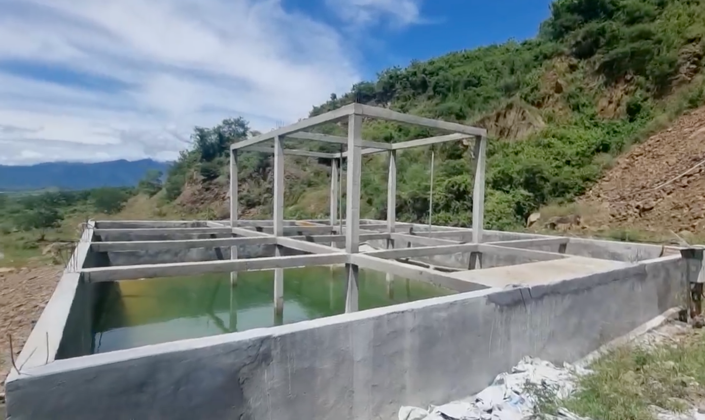 Hệ thống bể lắng nước thải trang trại heo của ông Lê Văn Dũng xây dựng sơ sài. Ảnh: C.H.