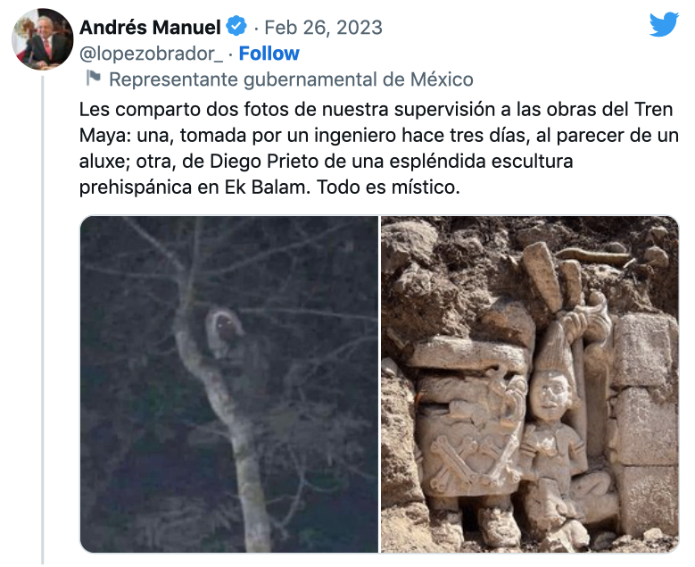 Ông Obador đăng lên Twitter bức ảnh chụp tác phẩm điêu khắc cổ và bức ảnh mà ông khẳng định là ma cây