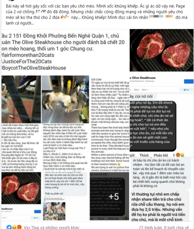 Bài viết khiến nhiều netizen "phẫn nộ" khi cho biết một nhà hàng đã có hành vi độc ác với mèo hoang. Ảnh chụp màn hình. Bài viết khiến nhiều netizen "phẫn nộ" khi cho biết một nhà hàng đã có hành vi độc ác với mèo hoang. Ảnh chụp màn hình.